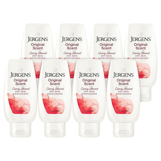 Jergens Original Scent Dry Skin Body Lotion, Hand and Body Moisturizer, Cherry Almond Essence, Dermatologist Tested, 3 Oz, Pack of 8