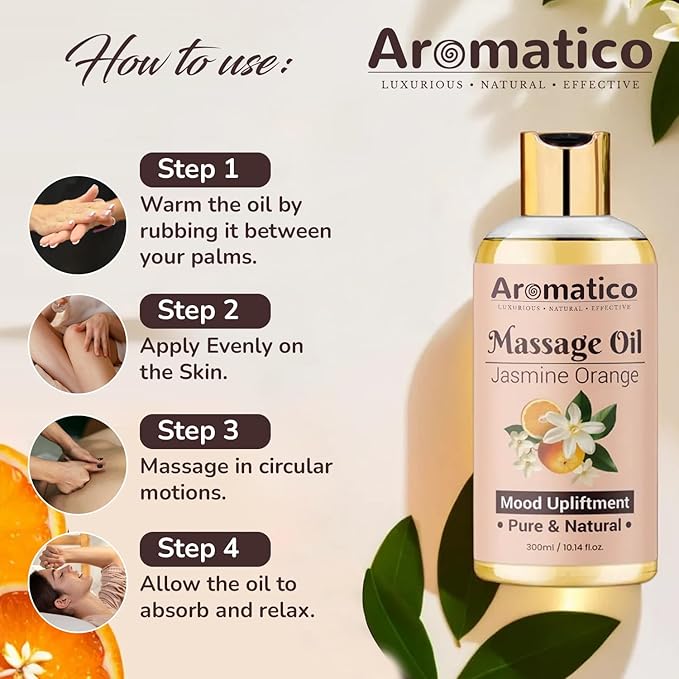 AROMATICO Massage Oil with Jasmine & Orange Essential Oils. Natural Power of Sesame, Almond & Jojoba Oils. Full Body Massage Oil for Relaxtion. for Men & Women - 10 Fl Oz
