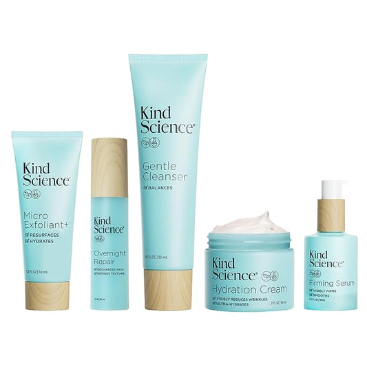 Kind Science 5-Piece Deluxe Anti Aging Skin Care Set for Day + Night Hydration, Anti Aging Treatment, Cleansing & Exfoliation - For Dry and Sensitive Skin - Fragrance Free, Cruelty Free
