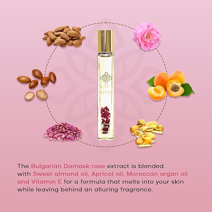 SAFA Rosé Organic Rose Oil Perfume Roller | Bulgarian Damask & Indian Rose Petals | 10 mL Fragrance Oil for Women & Men | Non-Toxic, Alcohol-Free, Natural Perfume Oil Roll-On