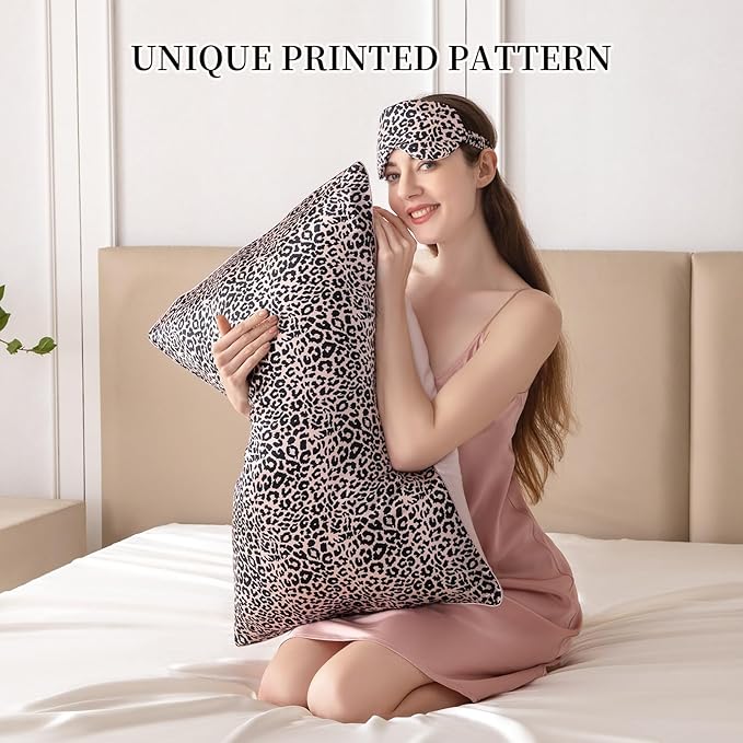 THXSILK Sleep Mask 100% 19 Momme Pure Mulberry Silk Super Smooth Cooling Decorative Sleep Eye Mask Blackout Eye Cover with Wide Head Strap, Leopard-Pink