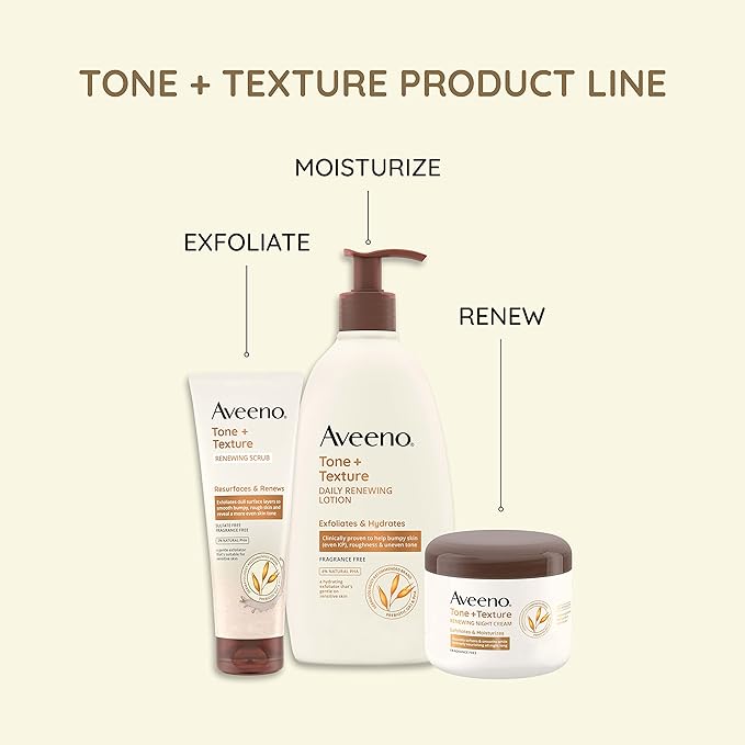 Aveeno Tone + Texture Renewing Night Cream With Prebiotic Oat, Gentle Cream Exfoliates & Moisturizes Sensitive Skin, Instantly Softens & Smooths & Intensely Nourishes, Fragrance-Free, 8 Oz