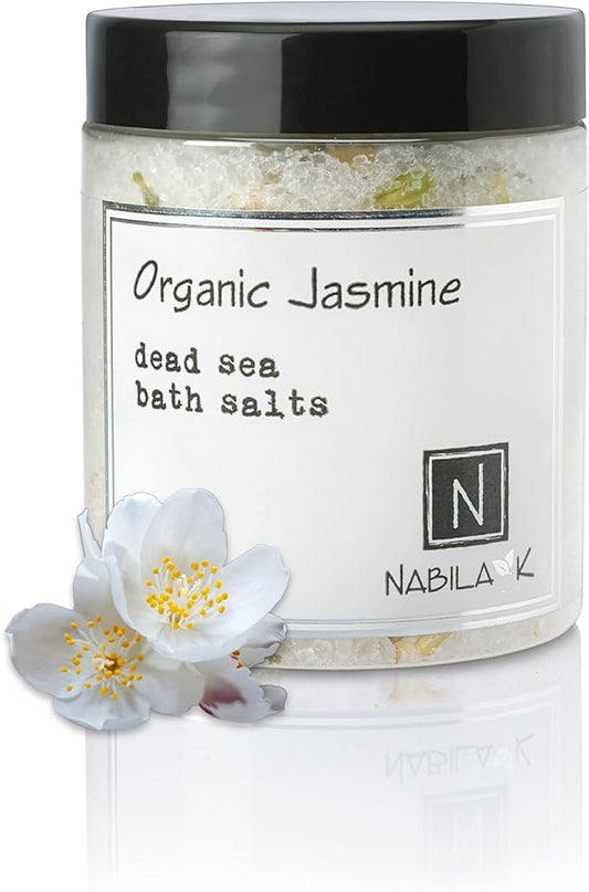 Organic Jasmine Bath Salts by Nabila K - Dead Sea Salt & Epsom Salt Scrub & Soak - Exfoliates & Hydrates Skin, Botanical Essential Oils - Bubble Bath Accessories for All Skins Types, 8 oz