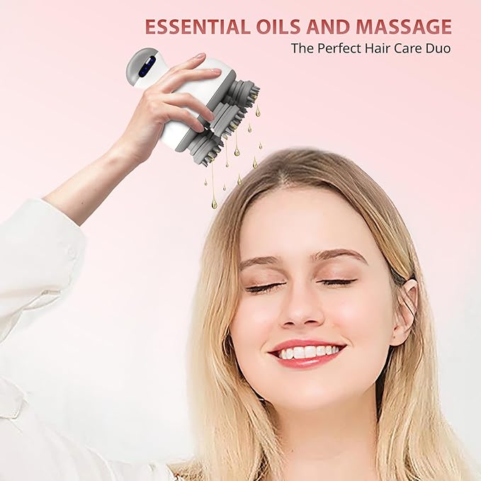 Electric Scalp Massager | 4-Mode Oil-Infused Head Massager with Oil Compartment | Promotes Hair Growth & Scalp Health | Removable Food Grade Silicone Heads