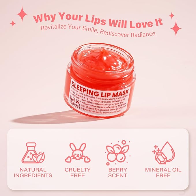 Natural Sleeping Lip Mask - Mineral Oil-Free Formula Enriched with Vitamin E, Jojoba, Shea Butter, and Coconut Oil - Overnight Treatment for Dry, Chapped Lips, 1.05oz