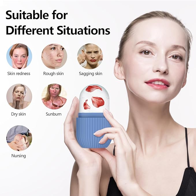 2pcs Ice Roller for Face and Eye, Silicone Ice Facial Roller Ice Holder, Face Ice Mold Skin Care, Face Icers Reusable Ice Cube Roller for Shrink Pores Anti Wrinkle Reduce Puffiness, Pink Blue