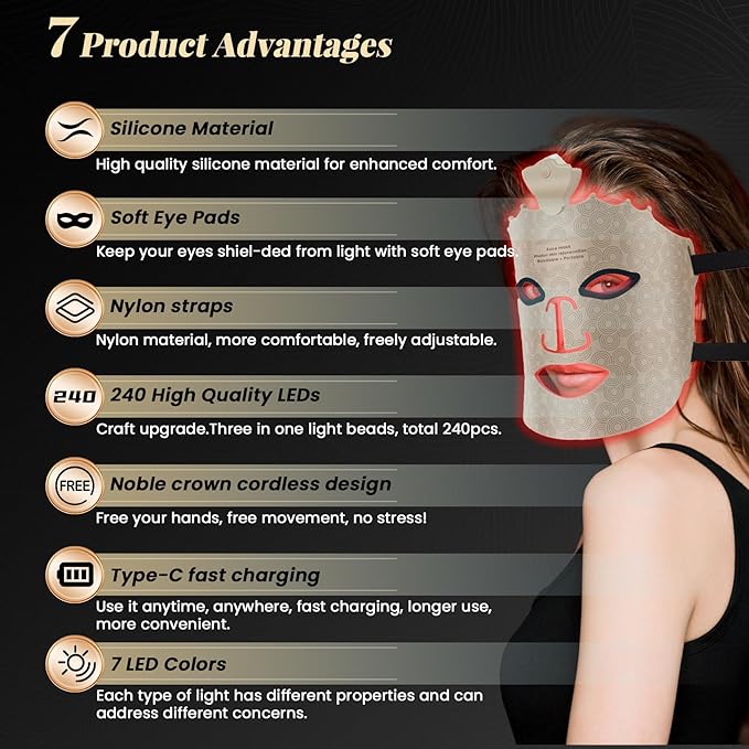 Red Light Therapy Mask for Face, Wireless 7 Colors Led Face Mask Light Therapy, Portable Face Light Therapy, Red Light Therapy Mask Skin Care, for Wrinkle Reduction Anti Aging, Improve Skin