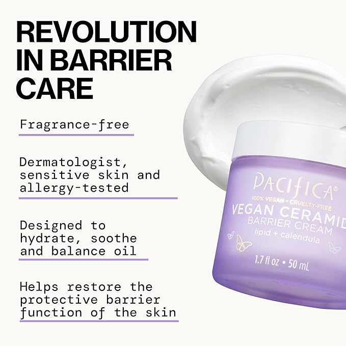 Pacifica Face Cream - Vegan Ceramide Barrier Cream w/Niacinamide & Shea Butter - Hydrating Daily Face Moisturizer Fragrance Free for Sensitive Skin, Vegan, Clean Beauty Allergy & Dermatologist Tested