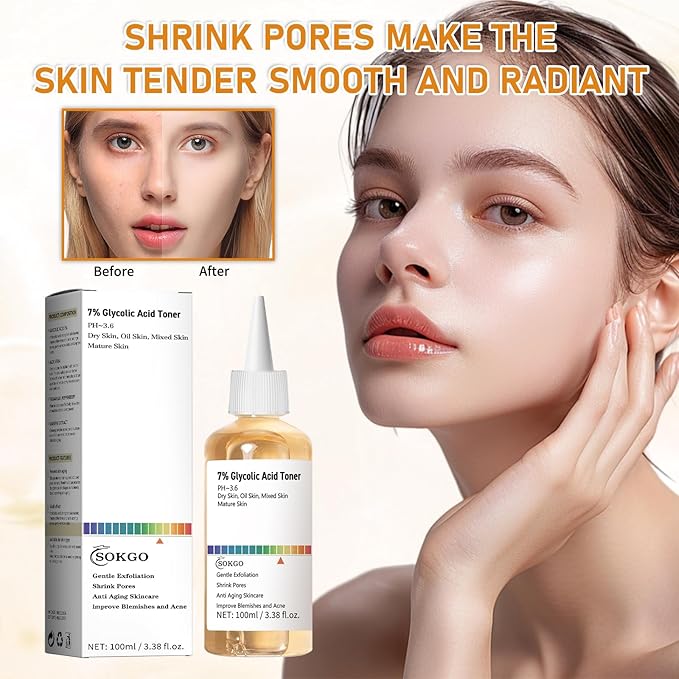 7% Glycolic Acid Exfoliating Toner, Exfoliating Facial Toner, Smooth Skin, Even Tone, Hydrating Formula, Pore Minimizer (Large, Unscented)