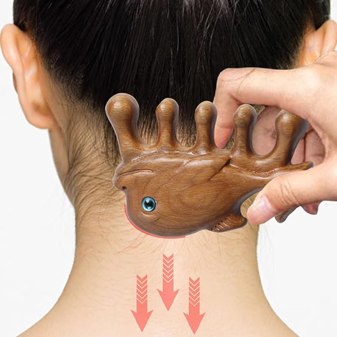 Natural Wood Wide Tooth Hair Comb Head Scalp Massage No Static Green Sandalwood Hair Pick Wooden Comb for Women Men Kids Hair Neck Hands Legs Caring Tool (Cute Shark), Brown