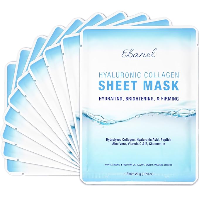 Ebanel 10 Pack Collagen Peptide Hydrating Face Masks, Instant Brightening Firming Anti Aging Face Sheet Masks, Moisturizing Spa Facial Mask Skincare with Hyaluronic Acid, Vitamin C, Chamomile, Aloe