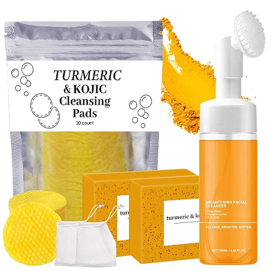 4Pcs Turmeric Wash and Care Three Piece Set,Turmeric Trio: Facial Wash,Cleansing Mousse & Soap for Skin Care,Turmeric Cleansing Exfoliating Pads,Turmeric Face Wash for Face & Body
