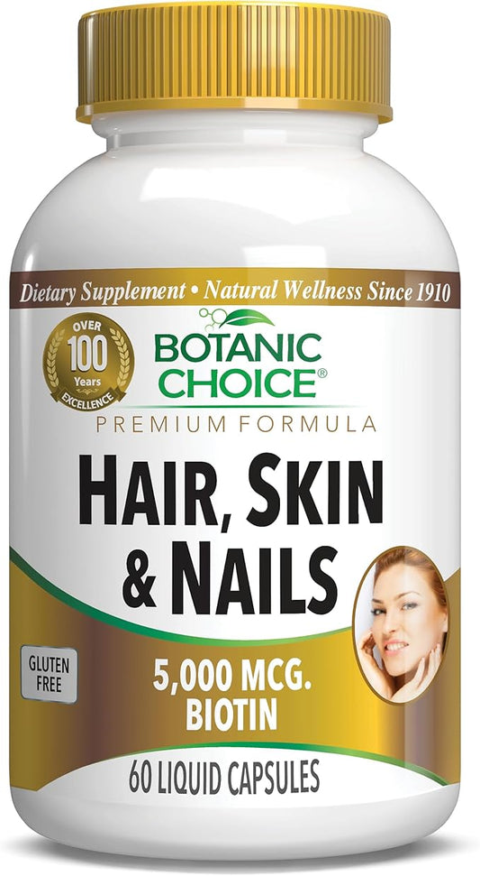 Botanic Choice Hair Skin and Nails Vitamins - Biotin Supplement with Collagen, Vitamin C, & Iron - Super Antioxidant Blend with Argan Oil & Hyaluronic Acid - 60 Liquid Capsules