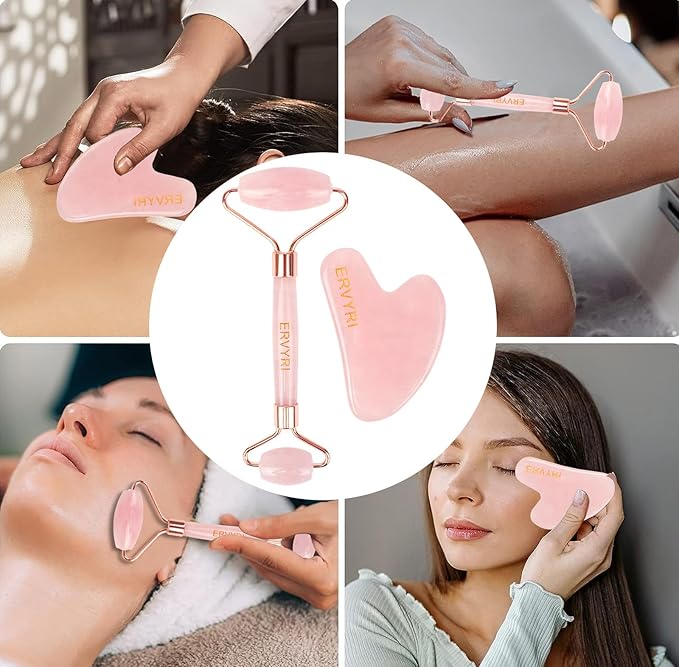 Jade Roller and Gua Sha Set - Rose Quartz Face Roller Skin Care Gua Sha Facial Tools , Face Massager for Women, Relieve Stress, Remove Wrinkles Eye Puffiness-Pink