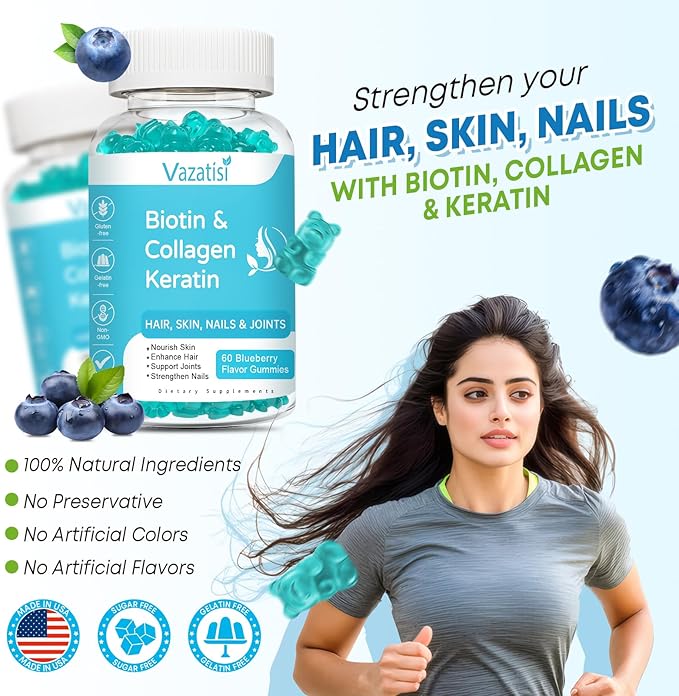 Biotin Gummies with Collagen & Keratin for Hair Skin Nails- Supports Hair Growth and Stronger Nails, Women Men, Kids - 60 Blueberry Flavored Gummies