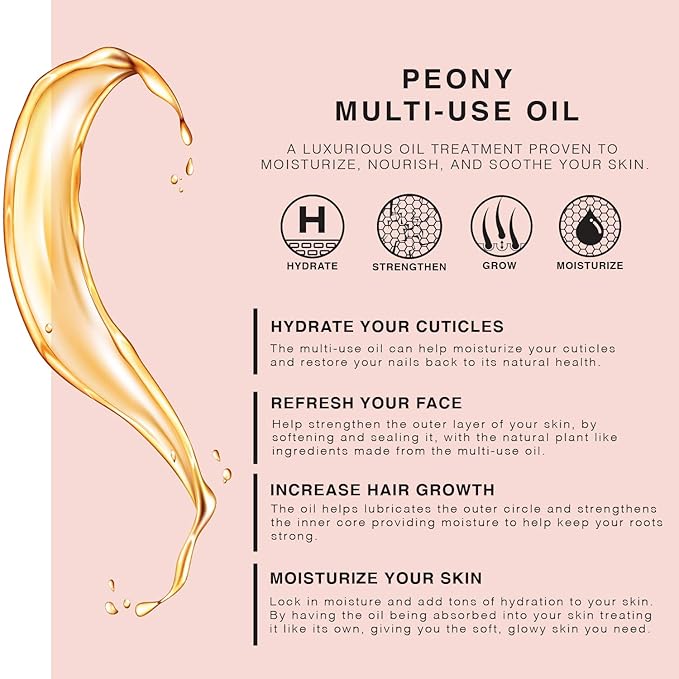 Peony Multi-Use Oil for Face, Body and Hair - Organic Blend of Apricot, Vitamin E Sweet Almond Oil for Dry Skin, Rose Petals & Bergamot Essential Oil - 4 Fl Oz