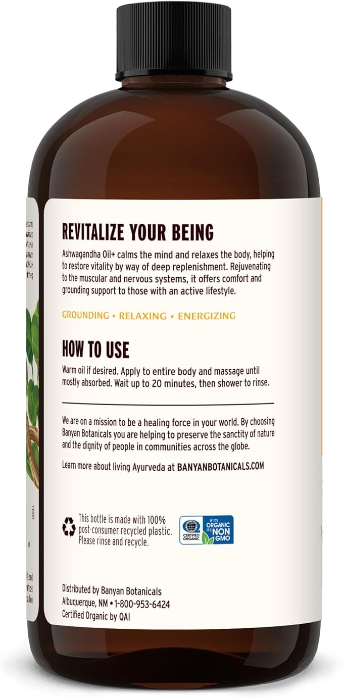 Banyan Botanicals Ashwagandha Oil+ – Organic Herbal Oil – Comforting Sore Muscle Massage Oil for Relaxation & Post-Workout Recovery – 24 oz – Non GMO Sustainably Sourced Ayurvedic Physician Formulated