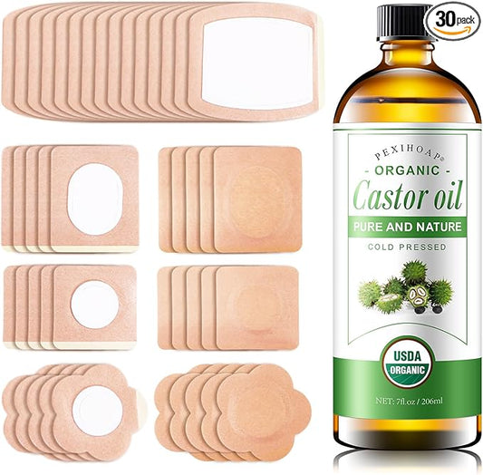 30Pcs Adhesive Castor Oil Patch with 7oz Organic Castor Oil Cold Pressed, Cotton Caster Oil Pack Wrap for Waist Back Neck Arm Belly