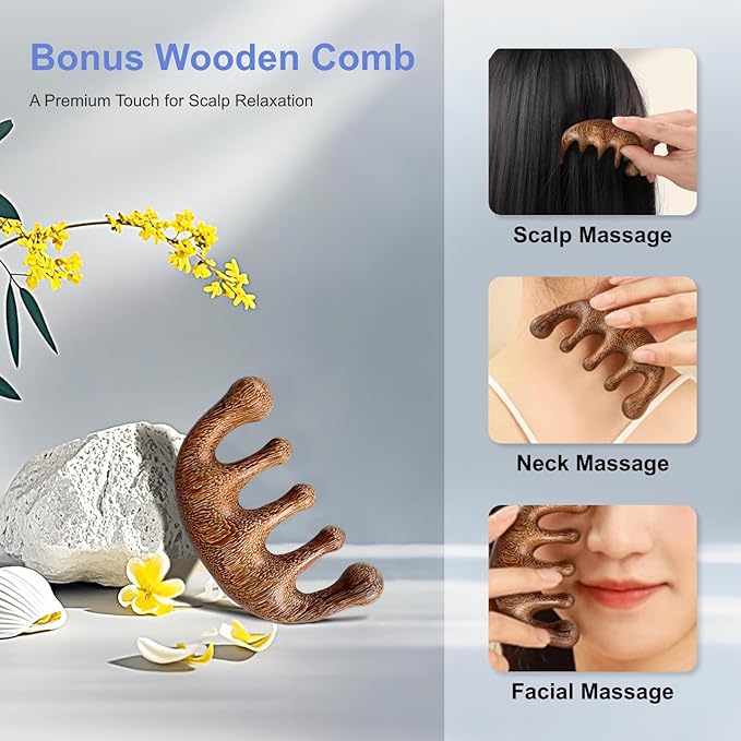 Head Massager with Eye Mask for Fatigue Relief, 4 Modes, 2 Heat Settings, Bluetooth-Capable, Rechargeable,Ideal for Rest & Relaxation, Gift Wooden Comb, Portable, Gifts for Family and Friends