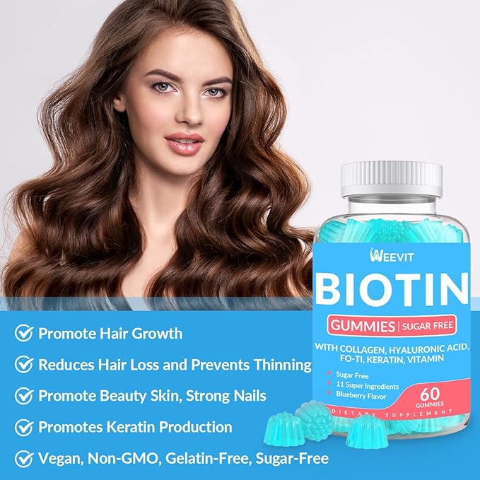 Sugar-Free Biotin Gummies, Biotin and Collagen Gummies with Keratin, Hyaluronic Acid for Women & Men | Hair Growth, Glowing Skin & Strong Nails | Vitamin B7 Supplement, Non-GMO, Chewable