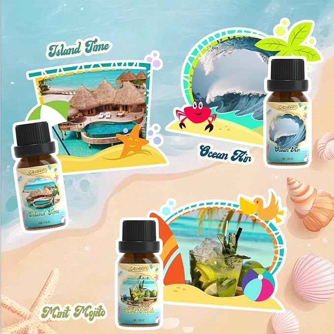 SALUBRITO Beach Fragrance Oils Set, Summer Essential Oils for Diffuser, Candle, Soap Making, Beachy Breeze, Sea Salt, Pink Island, Ocean Air, Island Time, Mint Mojito Scented Oil