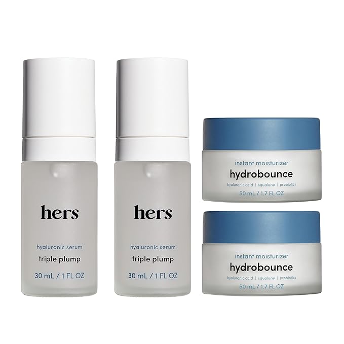 hers Hydrobounce Instant Moisturizer 2 Pack & Triple Plump Hyaluronic Serum 2 Pack Bundle - Face Moisturizer with Squalane - Anti Aging Serum with Hyaluronic Acid - 4 Units Total
