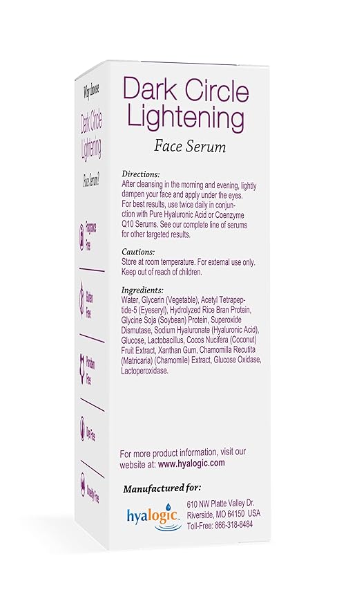 Hyalogic Dark Circle Lightening Face Serum - Treat Under Eye Dark Circles w/Hyaluronic Acid, Eveseryl & Regu-Age - Soothe, Nourish & Rejuvenate Skin - .47oz