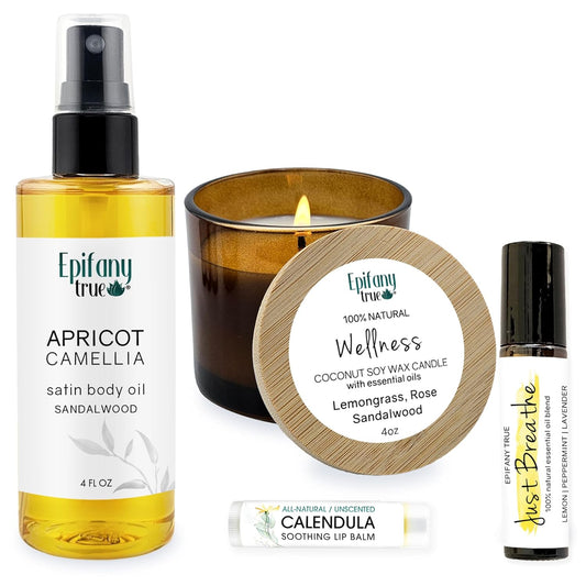 Apricot & Camellia Body Oil 4oz Wellness Self-Care Gift Set, 4 Pieces, Natural, Scented Coconut Soy Candle 4oz, Calendula Lip Balm 0.15 oz, Just Breathe Essential Oil Roll-On 0.33oz