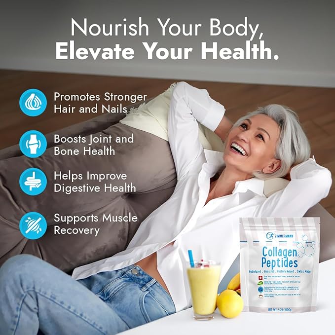 Zimmermann Collagen Peptides Powder 2.2lb 1000g, Produce of Switzerland from Swiss Grass Fed Cows, Hydrolyzed, Unflavored, for Women & Men - Hair, Skin, Nail, & Joint Support, Keto, Type I and III,