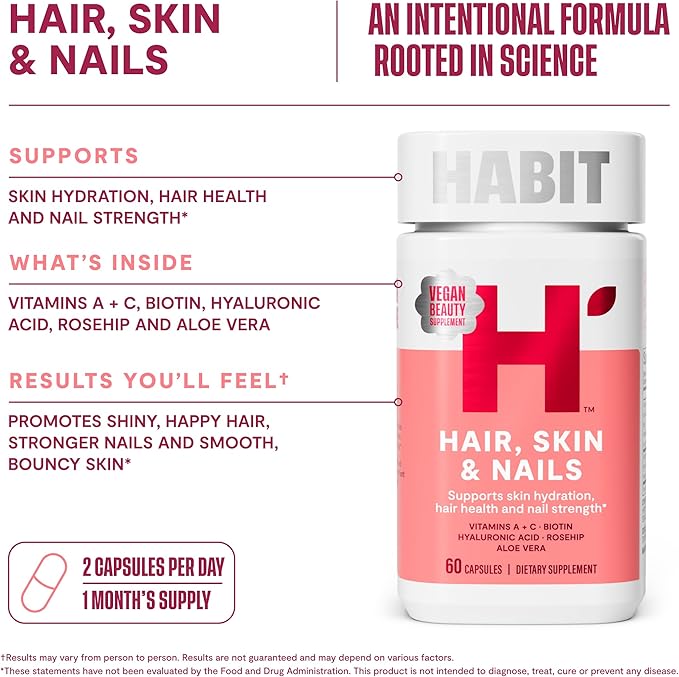 Habit Hair, Skin & Nails Supplement 2 Pack (120 Capsules) - New Look, Supports Skin Hydration, Hair & Nail Strength, Biotin 2000mcg, Vitamin A & C, Hyaluronic Acid, Rosehip, Vegan, Non-GMO