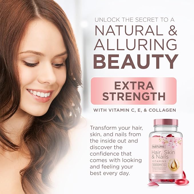Hair Skin and Nails Vitamins – 5000mcg Biotin with Vitamin C, E, Collagen, Hyaluronic Acid, Argan & Coconut Oil – Luscious Hair Growth & Radiant Skin Supplement for Women – 120 Softgels