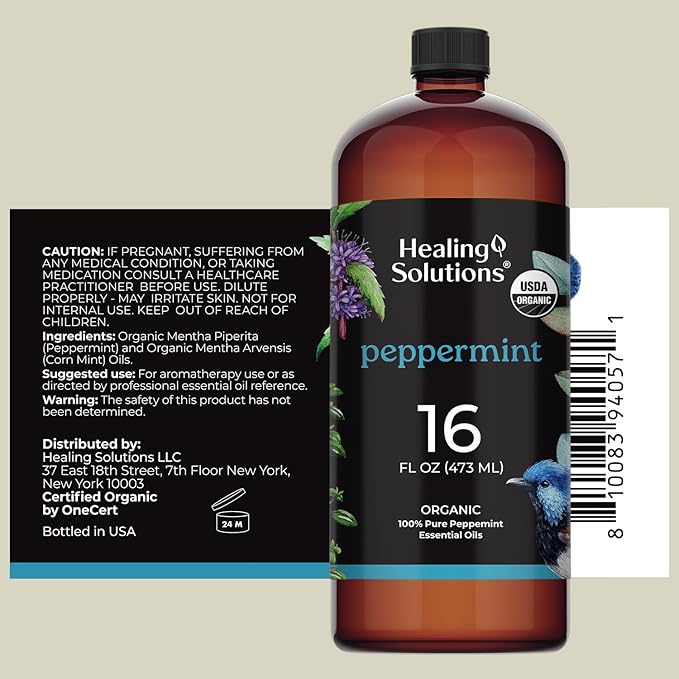 Healing Solutions Organic Peppermint Essential Oil Bulk 16oz - Large Organic Peppermint Oil Bottle for Hair, Spray & More - Peppermint Oil for House Cleaning - Peppermint Oil for Diffuser - Mint Oil
