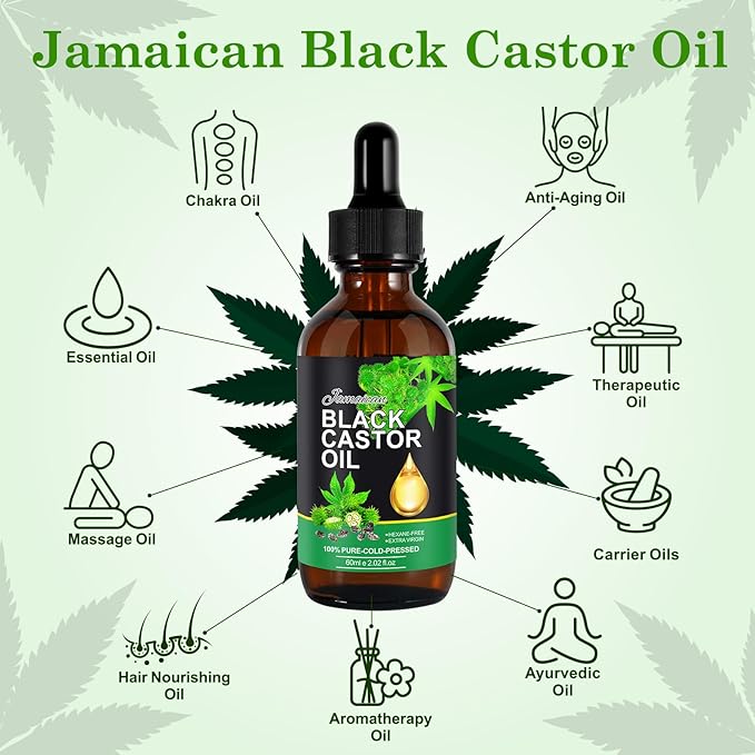 Jamaican Black Castor Oil 60ml - 100% Pure Black Castor Oil Organic Cold Pressed Unrefined for Hair Growth, Eyelashes, Eyebrows Thicker, Body & Face Skin Care Moisturizing Massage Oil
