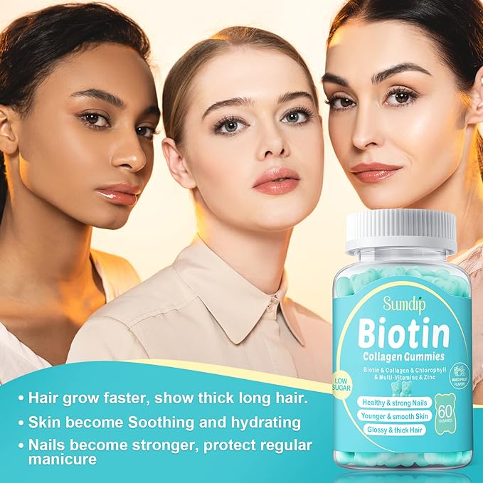 Biotin Gummies, Biotin 10,000mcg with Collagen Gummies for Hair Growth, Chlorophyll, Vatimin A, B6, B12, C, D, E, Vegan Natural Hair Skin and Nails Gummies for Men Women - 2 Packs