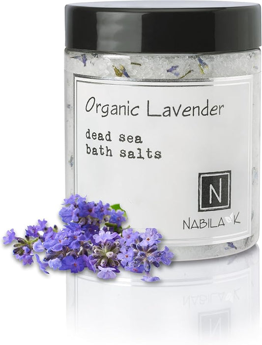 Organic Lavender Bath Salts by Nabila K - Dead Sea Salt & Epsom Salt Scrub & Soak - Exfoliates & Hydrates Skin, Botanical Essential Oils - Bubble Bath Accessories for All Skins Types, 2 oz