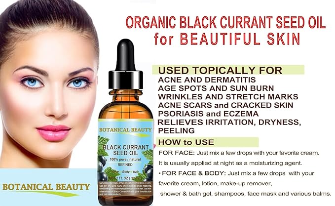 BLACK CURRANT SEED OIL 100% Pure Natural Undiluted Refined Cold Pressed Carrier oil. 1 Fl.oz. - 30 ml For Face, Skin, Hair, Lip, Nails. Rich in Gamma Linolenic acid, Omega 3 by Botanical Beauty