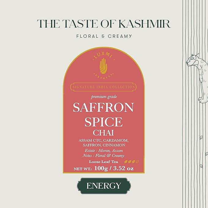 Luxmi Estates Saffron Chai | 100 gm | Signature India collection | Assam CTC Tea | Black tea collection | Saffron chai Organic Strong tea | Antioxidants | Assam Valley tea | Kashmiri Saffron, Cinnamon, Natural Cardamom Extract