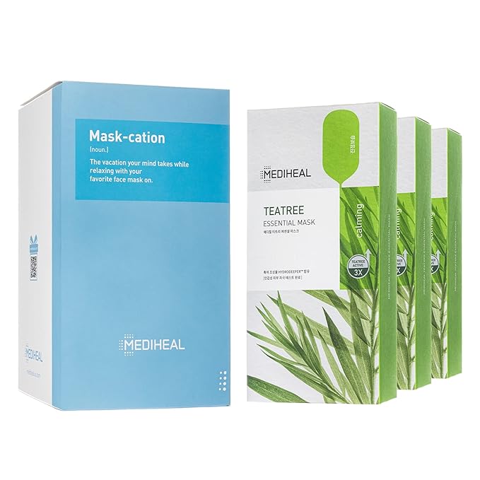 Mediheal Official [Korea's No 1 Sheet Mask] - Tea Tree Essential Blemish Control Mask JUMBO Pack | 30 Masks, 3 x 10 Packs Skin Soothing & Sebum Control Sensitive Oily Korean skin care set