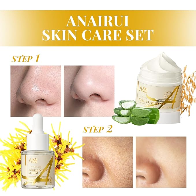 ANAI RUI 2 in-1 Pore SkinCare Set, Pore Clay Mask+Pore Minimizing Serum,Volcanic Pore Clay Mask for Nose&Face, Pore Reducer, Sebum Control Pore Exfoliating Solution, Skincare for Women