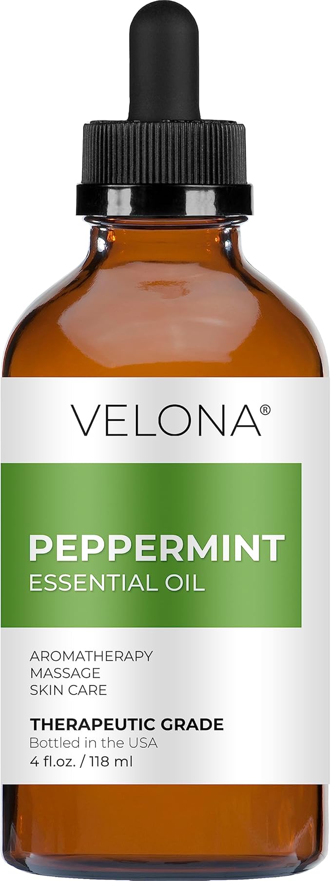 velona Peppermint Essential Oil 4 Fl Oz | Therapeutic Grade 100% Pure and Natural | for Aromatherapy Diffuser, Massage, Skincare, Haircare, Soapmaking | Undiluted and Multipurpose in Glass Bottle
