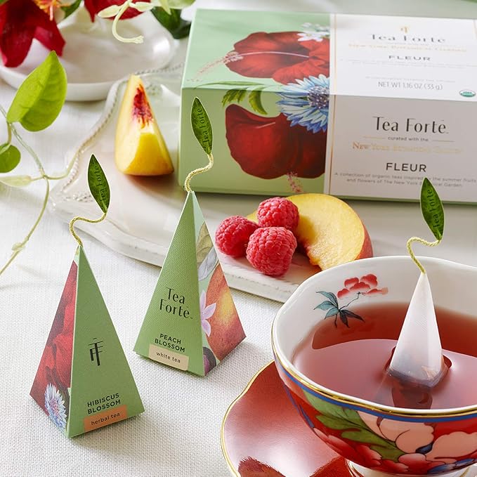 Tea Forte Fleur Petite Presentation Box Mother's Day Tea Gift Set Sampler, 10 Count, 2 of Each Variety Individually Wrapped Handcrafted Pyramid Infuser Bags