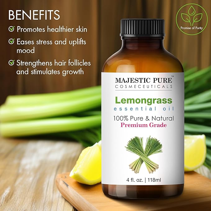 MAJESTIC PURE Lemongrass Essential Oil | 100% Pure and Natural Lemongrass Oil | Premium Grade Essential Oils for Hair Care, Home Diffusers, Skin, Aromatherapy, Massage and Humidifiers | 4 Fl Oz