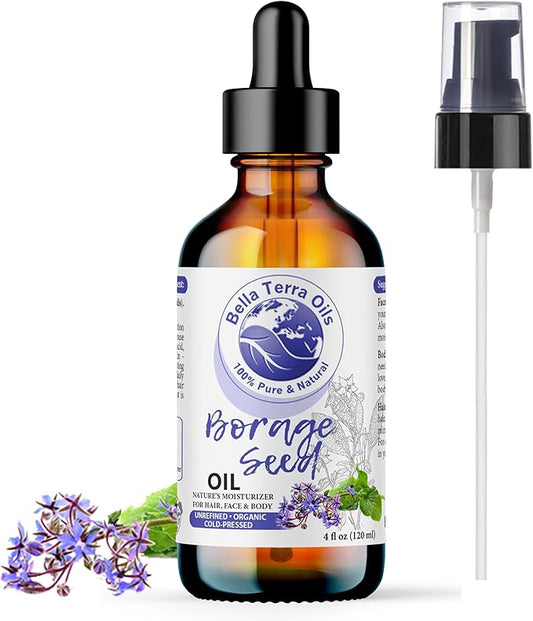Bella Terra Oils - Organic Borage Seed Oil 4oz - Full of GLA, Embrace The Essence of Pure Organic Borage, Rich in Vitamins A & C, A Natural Boost for Skin's Vitality