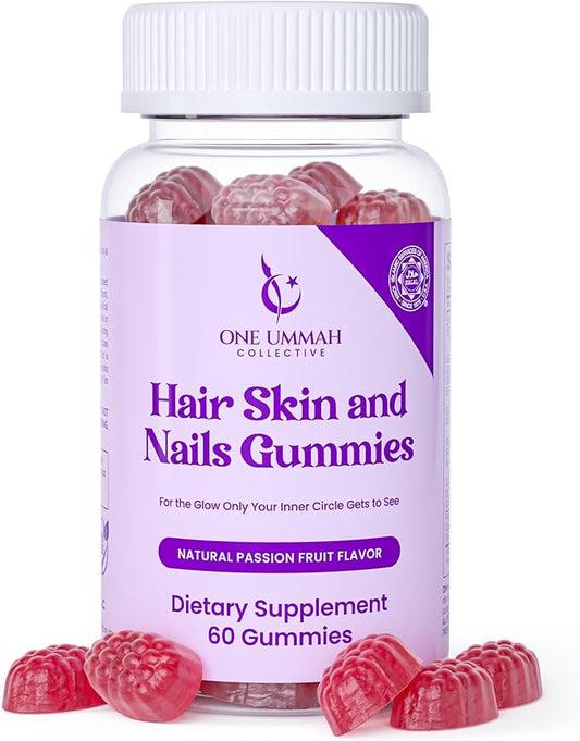 Halal Certified Hair, Skin, & Nails Gummies - Packed with Biotin, Collagen, Folate, & Essential Beauty Vitamins for Strong Hair, Glowing Skin & Healthy Nails - Easy Digestion & High Absorption - 60 ct