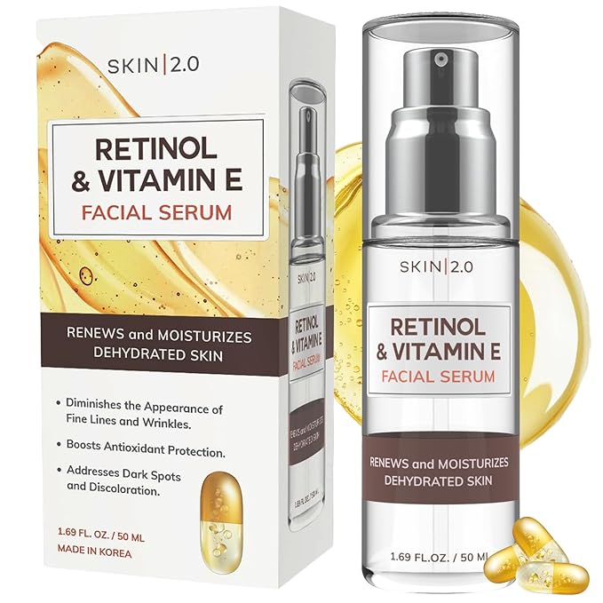 Retinol & Vitamin E Face Serum - 1.69 Fl. oz, Cruelty-Free, Reduces Acne Scars, Wrinkles, Anti-Aging, Skin Renewal, Hydrating, Korean Beauty