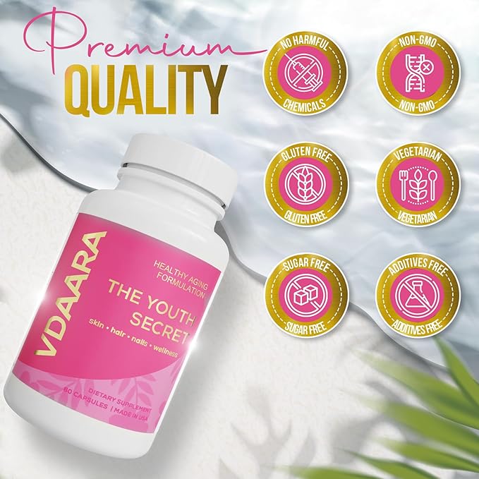 Hair, Skin and Nails Vitamins - 5000 mcg Biotin, Collagen, Natural Vitamin C A D3 Hyaluronic Acid - Supplement for Glowing Skin, Hair Growth for Men and Women – 60 Capsules