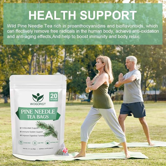 Pine Needle Tea Bags - Organic Dried Pine Needle Herbal Tea for Immune Support & Antioxidant, Caffeine Free, Natural Suramin, 20 Tea bags