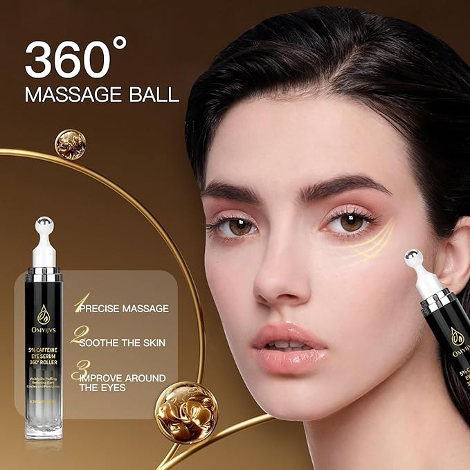 Caffeine Eye Cream, Under Eye Cream for Dark Circles and Puffiness, Eye Serum Anti-aging, Brightens, and Fine Lines, Eye Care Eye Roller Serum with 360° Massage Ball 20ML