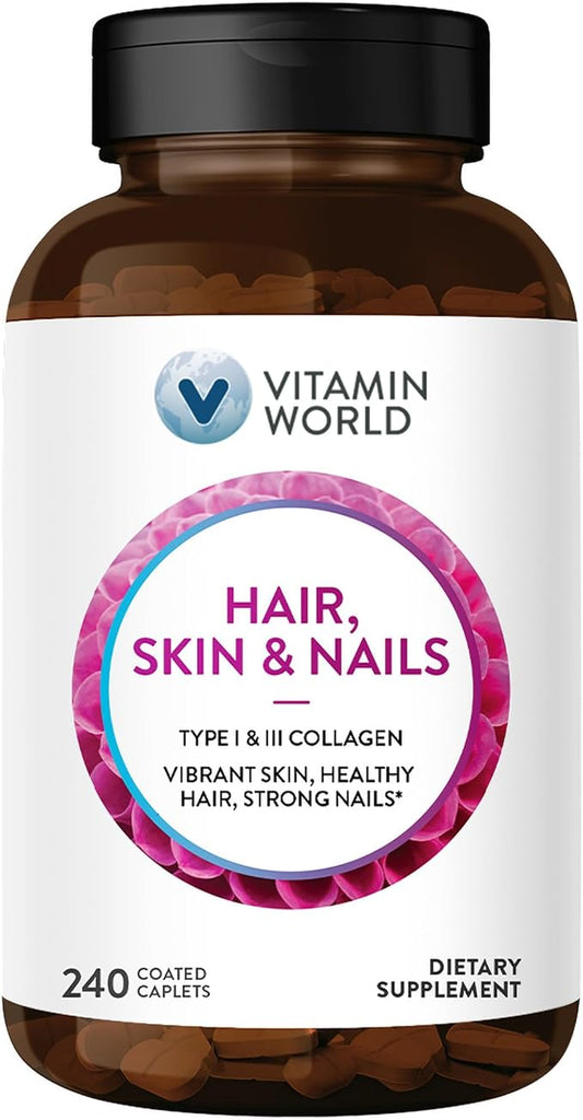 Vitamin World Hair, Skin and Nails Formula 240 caplets, Type I and III Collagen, 3000mcg Biotin, Antioxidant, Coated, Gluten Free