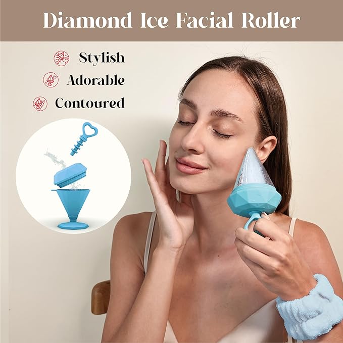 Rena Chris Ice Roller for Face: Diamond Ice Facial Roller, Reach Detailed Areas, De-Puff Eye Bags, Reusable Silicone Massage Ice Mold with Face Wash Wristband, Skin Care Tools for Women(Blue)